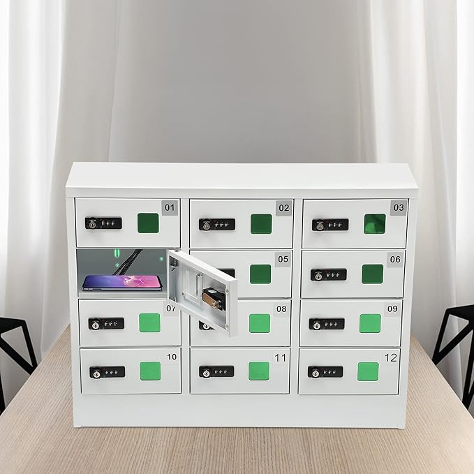 12 Slot Cellphone Charging Station, Locker Charging Station with Multiple Protection Function 3In1 Charging Ports and Plug-in Power Cord Combination Lock Mini Storage for Schools Airports Etc