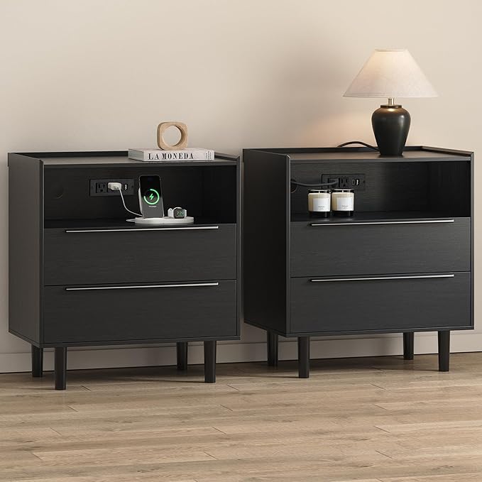 Set of 2 Modern Black Nightstands with Hidden Charging Station, USB Ports, Cable Hole, Tray Top & 2 Drawers – 24" Bedside Tables for Bedroom, Apartment