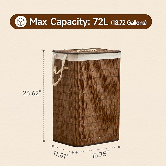Laundry Hamper with Lid, 18.72 Gallons (72L) Laundry Basket with 2 Removable Liner Bags, Synthetic Rattan Clothes Hamper, laundry organization for bedroom, bathroom, laundry room, Brown