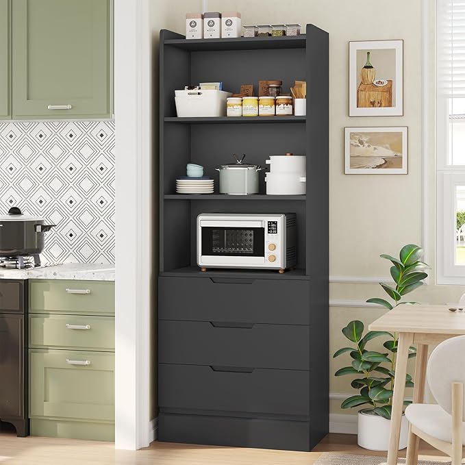 DICTAC Bookcase Set of 2 with 3 Drawers 73.23'' Bookshelf Storage Cabinets with Shelves and Drawers Kitchen Pantry with Microwave Stand,Storage Organizer for Living Room,Office,Study,Bathroom