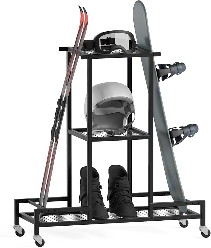 Standing Ski Storage Rack, Holds Snowboards & Skis, 3-Tier Organizer for Gear, Black - Ski Rack for Garage