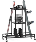 Standing Ski Storage Rack, Holds Snowboards & Skis, 3-Tier Organizer for Gear, Black - Ski Rack for Garage
