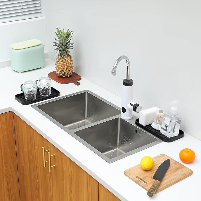Silicone Kitchen Sink Organizer Tray for Multiple Usage,Eco-Friendly Sponges Holder for Kitchen Bathroom Counter or Sink,Dish Soap Dispenser,Scrubber,Bottle,Cup (Black, 10"×5.3")