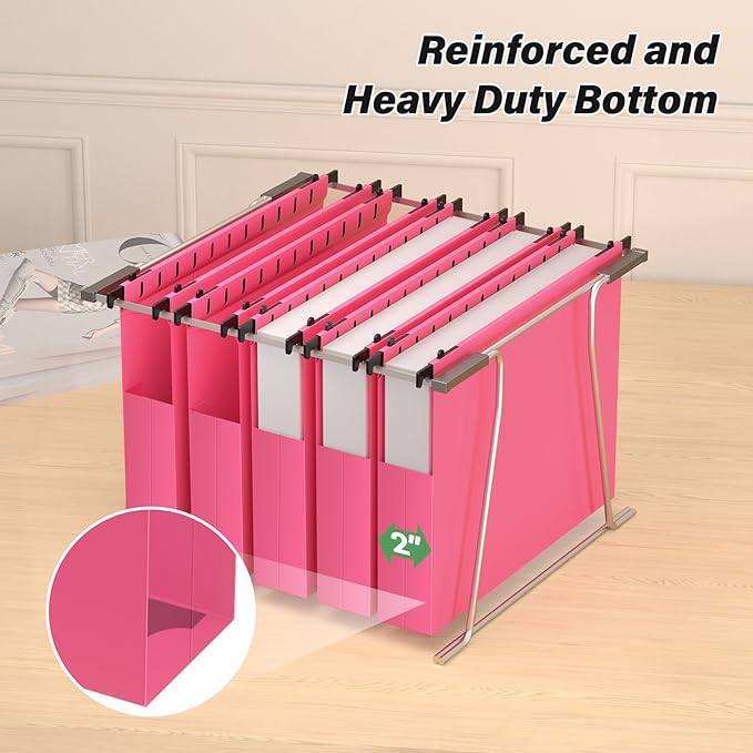 Ansook Hanging File Folders Letter Size Extra Capacity, Heavy Duty 2" Expandable File Folders Hanging with Tabs, 12 Pack Pink Filing Cabinet Folders,Plastic Hanging File Organizer,File Frme Folder
