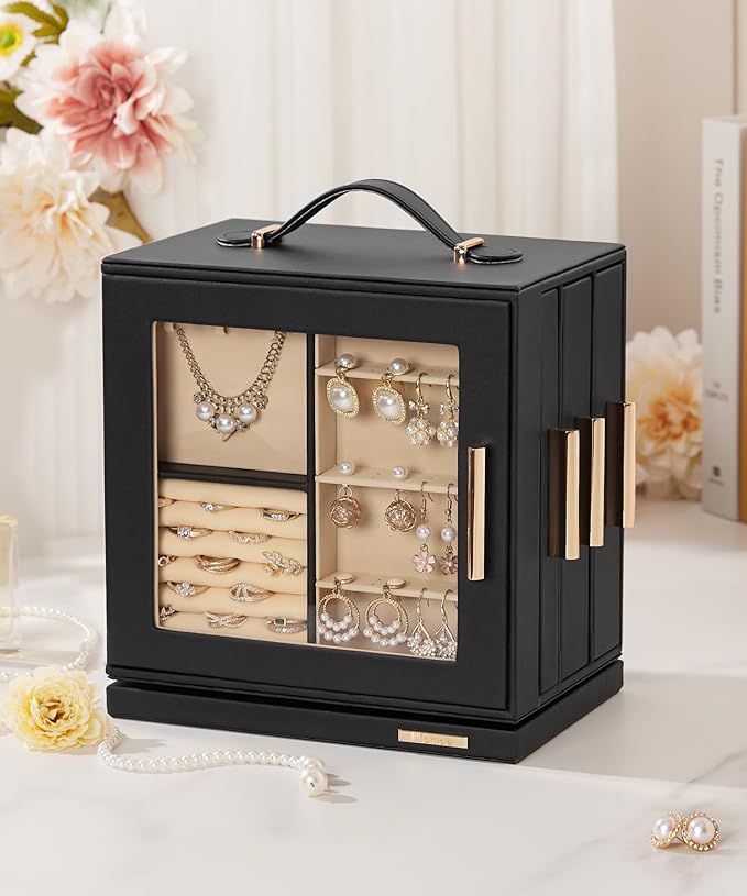 Homde Christmas Gifts Jewelry Box 360° Rotating, Necklace Earring Organizer with Transparent Window, Mirror, 7 Drawers, Large Ring Display Storage Case for Girls Women (Black)