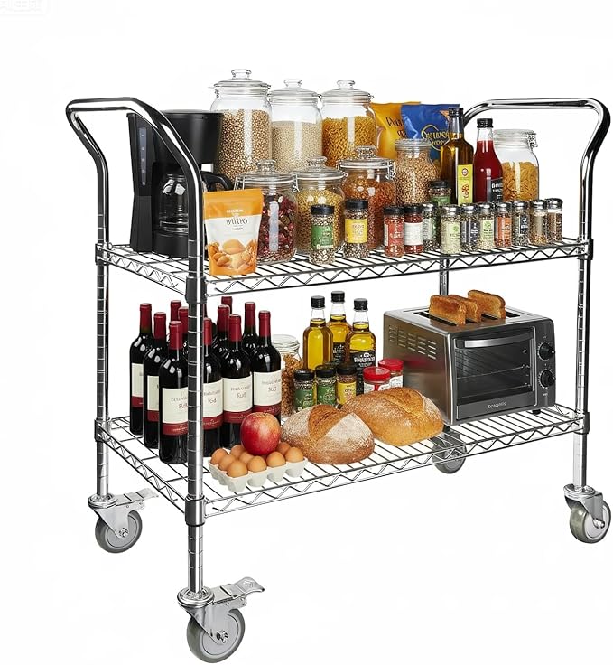 Northsky 2-Shelf Wire Utility Cart on Wheels, Chrome Finish Rolling Metal Shelving with Wheels, 550lb Capacity, 36" x 18" x 38", 2 Tier Rolling Cart for Kitchen Bar Storage Use