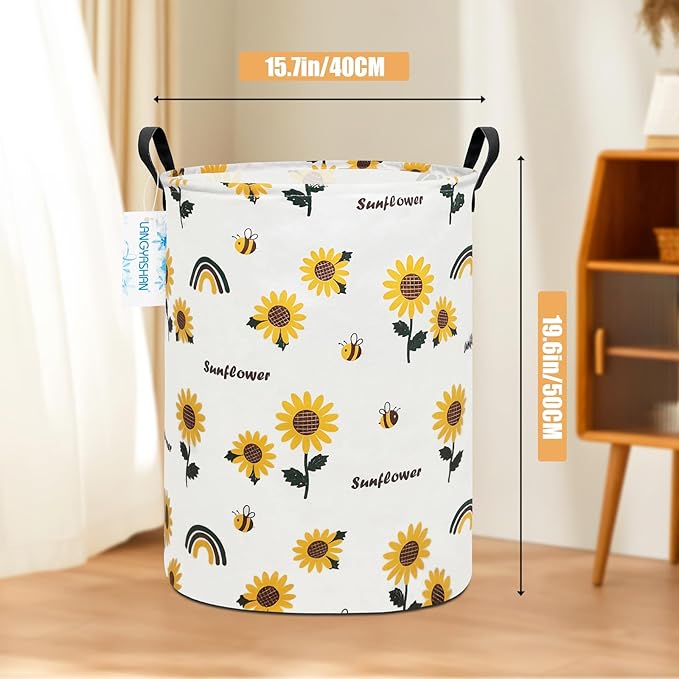 LANGYASHAN Storage Bin, Canvas Fabric Collapsible Organizer Basket for Laundry Hamper,Toy Bins,Gift Baskets, Bedroom, Clothes,Baby Nursery (Sunflower)