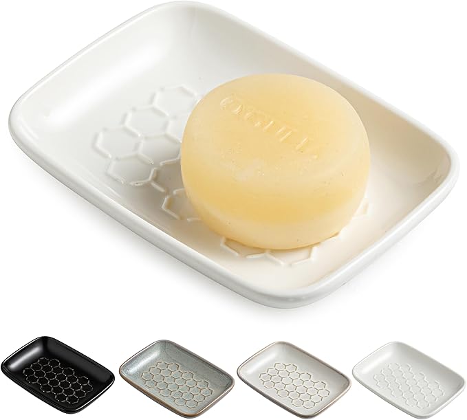 Gomakren Soap Dish for Shower, Bar Soap Holder, Christmas Ceramic Soap Dishes for Bar Soap, Sponge Holder Soap Saver Soap Tray for Bathroom Kitchen Sink, 5.5 Inch, White