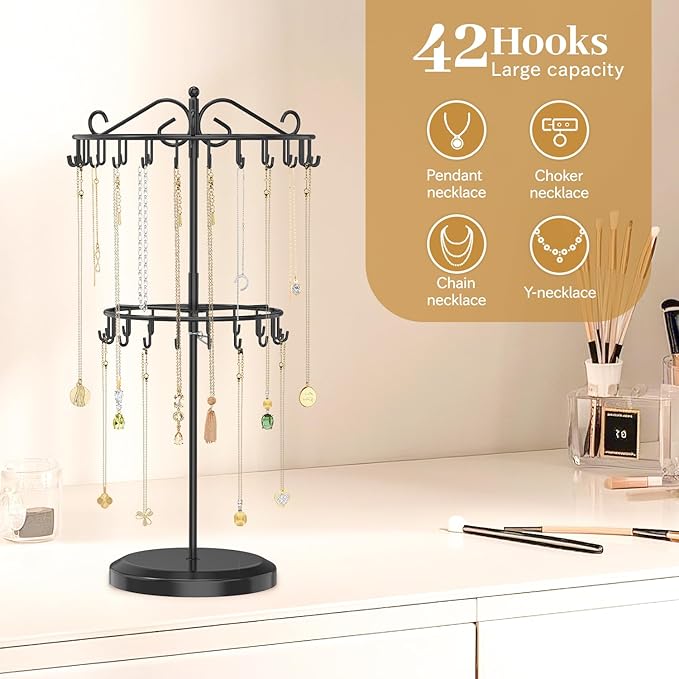 MODOWEY Rotating Necklace Holder Organizer Display Stand with 42 Hooks, 2 Tier Adjustable Metal Tree for Long Necklace Hanger Selling, Tall Spinning Bracelet Storage Rack for Men Women, Black