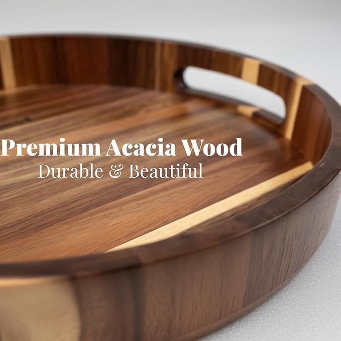 Acacia Wood Lazy Susan - 12 Inch Wooden Turntable Organizer for Kitchen Counter, Dining Table, Countertop - Rotating Serving Tray with Raised Edges - Natural Wood Finish