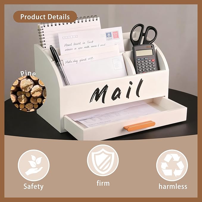 goprety Mail Organizer for Desk - Countertop Bill Holder with File Storage, Wooden Desktop with Drawers - Home & Office Mail Management System