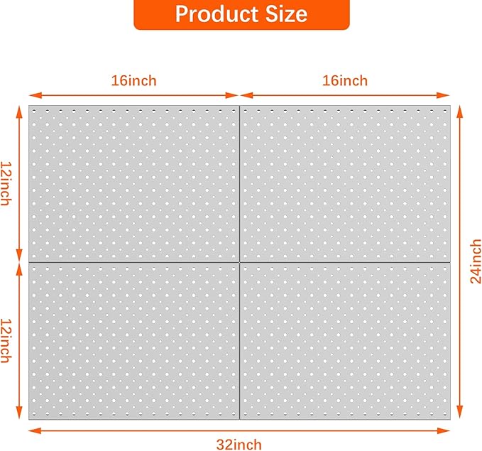 TORACK 4Pcs 12"x16" Metal Pegboard Panels for Garage, Workbench, Shop, Shed Tool Organizer Peg Board with 1/8" & 1/4" Holes, Modular Wall-Mounted Pegboard for Pegboard Hooks (Grey)
