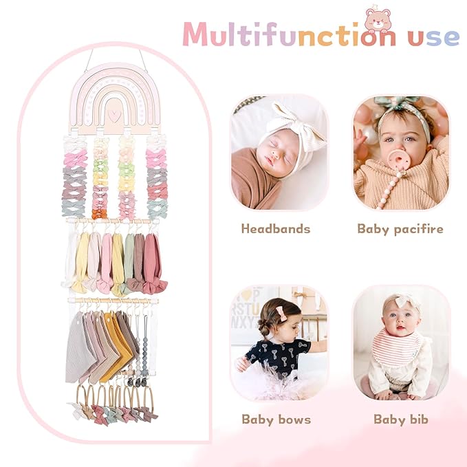 POVETIRE Headband Holder Bow Holder for Girls Hair Bows,Rainbow Hair Accessories Organizer Storage Wall Hanging Display for Nursery Toddler Girls Room (Pink-Rainbow-2)