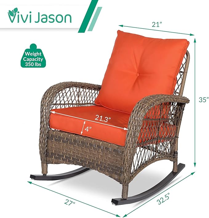 VIVIJASON Outdoor Wicker Rocking Chair, Patio Rattan Rocker Chair with Cushions & Steel Frame, All-Weather Rocking Lawn Wicker Furniture for Garden Backyard Porch (Orange)