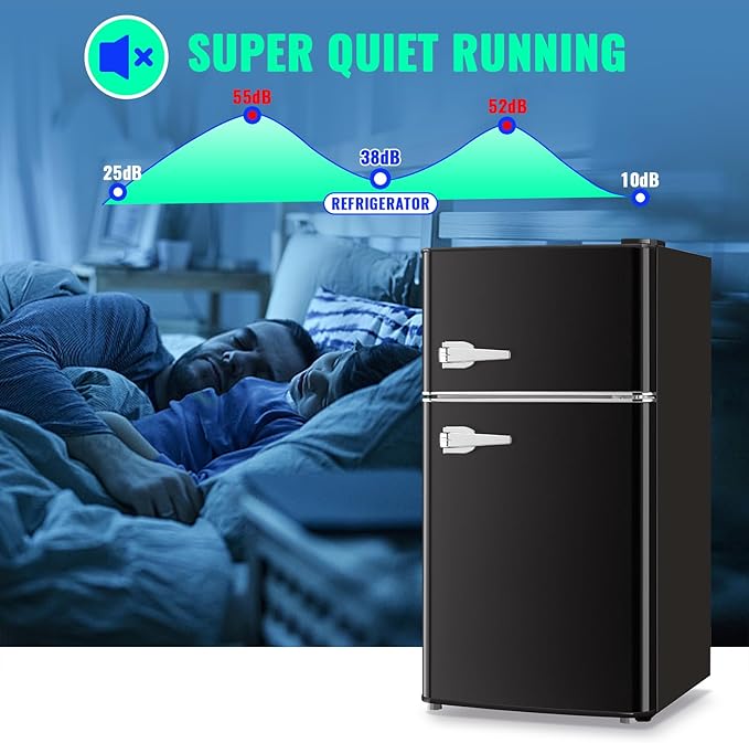 Mini Refrigerator with Freezer Small Fridge Double Door Side Drink Holder Adjustable Glass Shelves, Plastic Crisper, 7 Level Temperature Control for Bedroom, Office, Apartment Black
