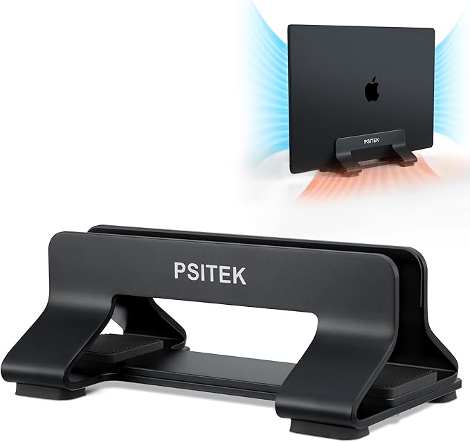 Aluminum Vertical Laptop Stand Dock Holder, Adjustable Slot Width 12-42mm, Space-Saving Upright Storage for MacBook and Laptops