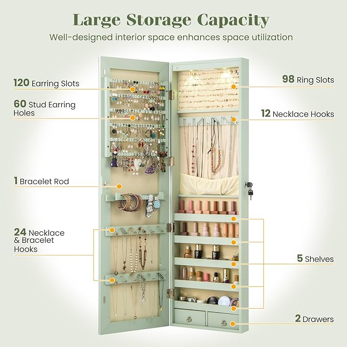 Giantex Wall Door Mounted Jewelry Armoire Cabinet with 47.5" Full Length Mirror, 2 LEDs Lockable Jewelry Organizers and Storage with 2 Drawers, Over the Door Jewelry Organizer Cabinet (Sage)