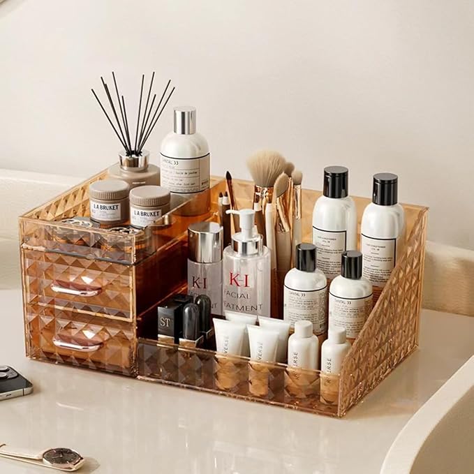 Clear Makeup Organizer for Vanity,Desk Makeup Caddy With Drawers for Cosmetics,Lipsticks Nail Care Skincare Jewelry Countertop Organizers,Cosmetic Display Cases for Bathroom, Dresser (Cream)