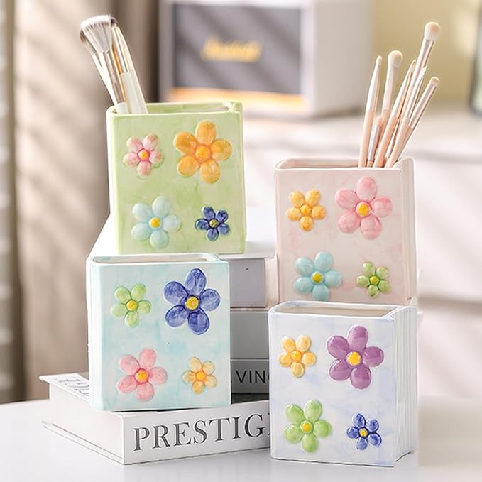 Book Vase Flower Pencil Cup Pen Holder For Office Desk Decorative Books Yellow Flower Vase Cute Toothbrush Holders Home Decor Teacher Book Gifts for Women Small Makeup Brushes Holder