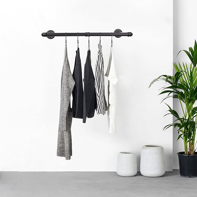 36” Wall Mounted Clothes Rack, Industrial Pipe Black Iron Garment Bar, Heavy-Duty Detachable Clothing Rod, Multi-Purpose Metal Wall display Hanging Pole for Closet Storage, Laundry Room 2 Base