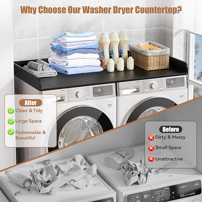 Washer Dryer Countertop, 27.5" D x 54" W Washer and Dryer Topper Covers with Edge Rails, Wood Laundry Room Countertop Shelves for Laundry Room Organization and Storage (Black)