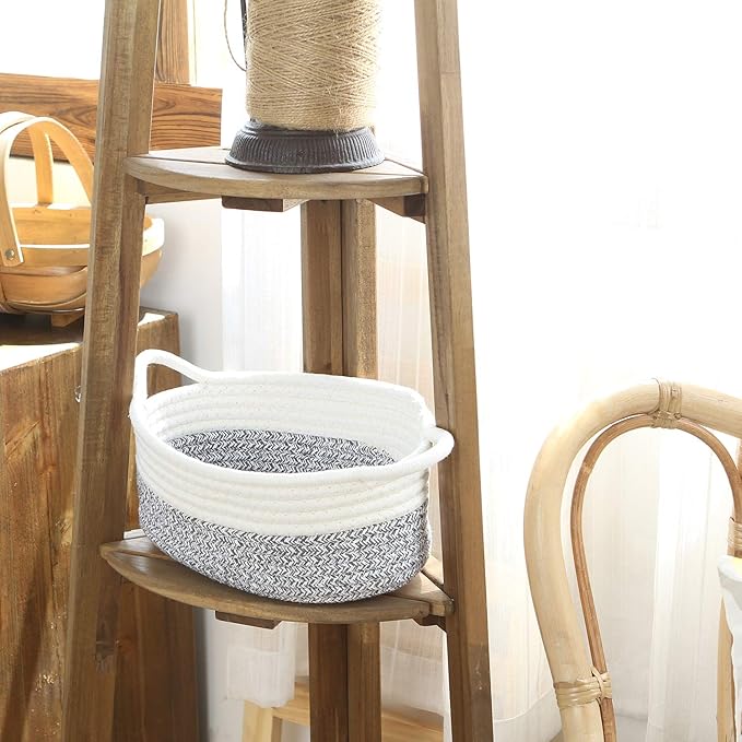 Sea Team 2-Pack Cotton Rope Baskets, 10 x 7 x 4 Inches Small Woven Storage Basket, Fabric Tray, Bowl, Oval Open Dish for Fruits, Jewelry, Keys, Sewing Kits (Mottled Grey & White)