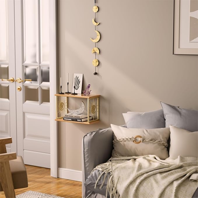 Floating Nightstand Set of 2 - Natural Solid Wood Night Stand, Wall Mounted Bedside Table 2 Tier Shelf, Modern Metal Celestial Side Floating Shelves Decor for Living Room Bedroom