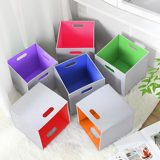 6 Pcs 11 Inch Colorful Felt Storage Cubes with Handle, Collapsible Fabric Storage Cubes Toy Bins Foldable Baskets for Nursery, Playroom, Kids Room, Toys, Books, Clothes(Gray-rainbow)