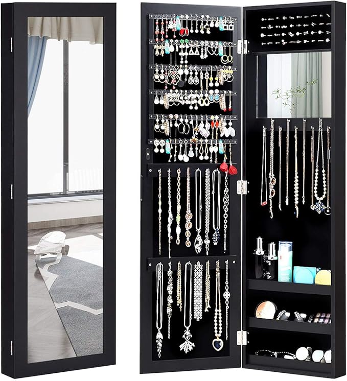 Giantex Wall Mounted Jewelry Cabinet with Full Length Mirror, Over The Door Jewelry Armoire Organizer with Large Storage, Makeup Mirror & Velvet Lining (Black)