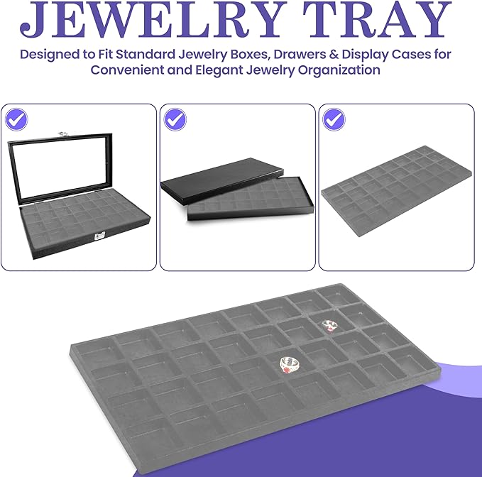 Novel Box 5 Pack 32-Slot Gray Liner Jewelry Storage Tray Inserts 14.75x8.25x1 Inches - Jewelry Organizer Pad for Drawers & Store Displays - Jewelry Display Pads for Rings Earrings & Pendants