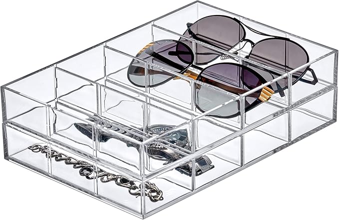 Amazing Abby - Soleil - 2-Pack Acrylic 4-Compartment Sunglass Organizer, Plastic Eyeglass Display Case, Transparent Jewelry Storage Tray, Clear Beauty Supply Holder, Great for Bedroom and Bathroom