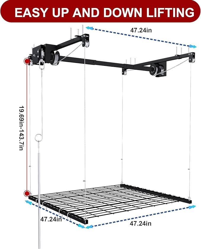 4x4FT Overhead Garage Storage Rack for High Ceilings 10-12 FT, Adjustable Garage Organization System, Heavy Duty Ceiling Storage Racks with Safety Lock,250LBS Capacity,Black