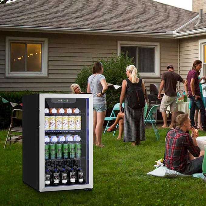 126 Can Mini Fridge - 3.2 Cu.Ft Beverage Refrigerator with Reversible Glass Door for Soda Wine Beer, Adjustable Temperature Control for Home Office Bar, Silvery(40-61 ℉)
