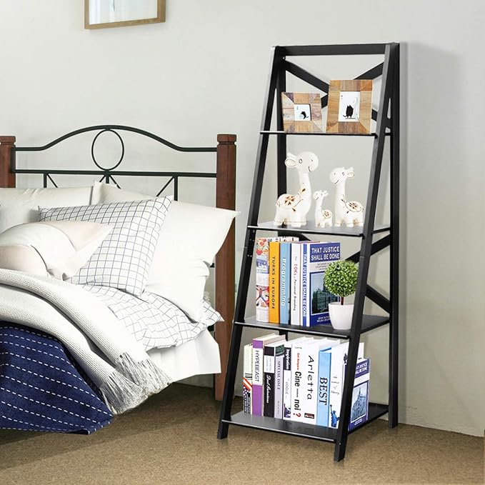 Tangkula 4-Tier Ladder Shelf Bookcase Leaning Free Standing Wooden Frame Decor Bookshelf Storage Flower Shelf Plant Display Shelf for Home Office (1, Black)