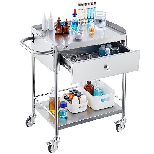 VEVOR Medical Cart, 2-Layer Stainless Steel Cart 220 lbs Weight Capacity, Lab Utility Cart with 360° Silent Wheels and a Drawer for Lab, Clinic, Kitchen, Salon