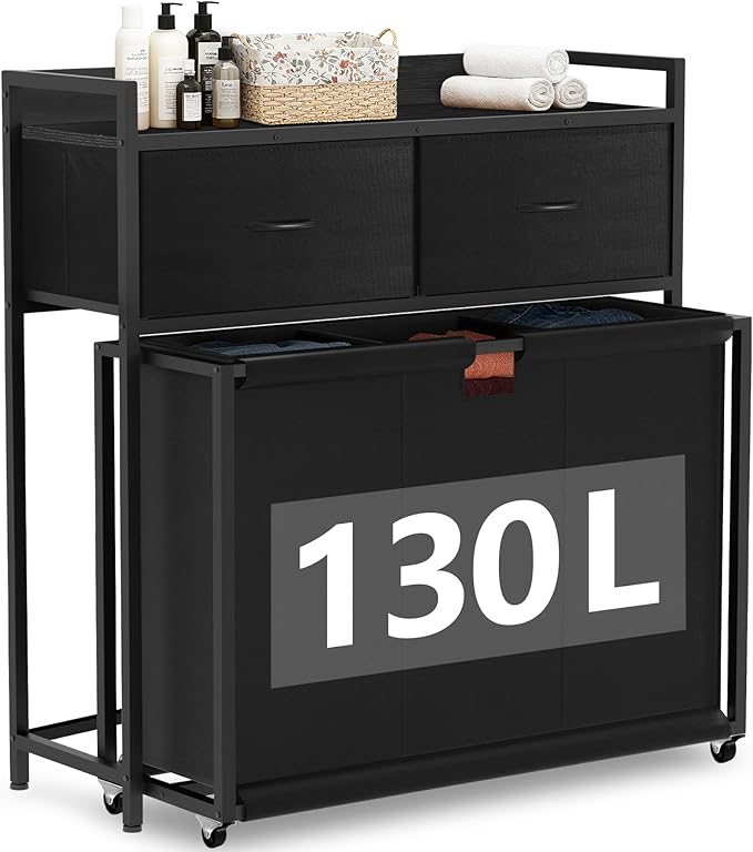 Laundry Hamper with 3 Section Rolling Bags, Laundry Sorter with Wheels, Laundry Basket with 2 Drawer for Laundry Room (Charcoal Black)