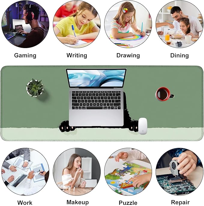 Cute Black Cat Large Mouse Pad – Extended Desk Mat 31.5 x 11.8 in– Kawaii Kitty Peeking Over Edge, Green Background, Non-Slip Rubber Base, Waterproof Keyboard & Mouse Pad for Office or Gaming