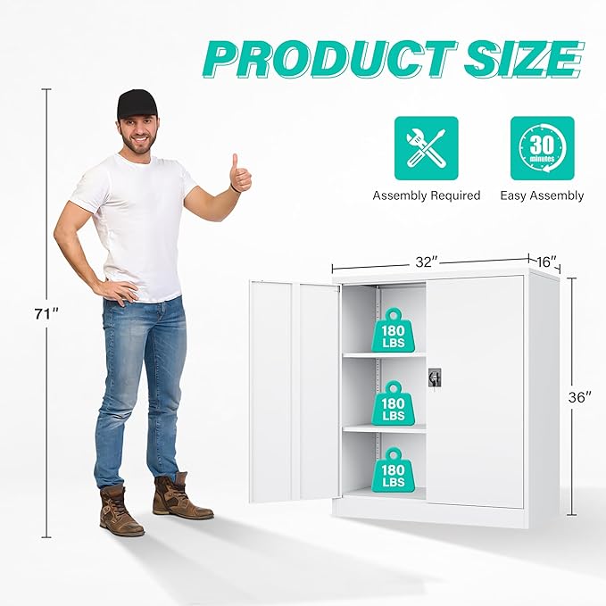 SISESOL Small Metal Cabinet with Shelves,36 inch Garage Storage Cabinet with Lock,White Metal Storage Cabinets with Locking Doors,Lockable Office File Cabinets for Home,Office,Shop,Garage