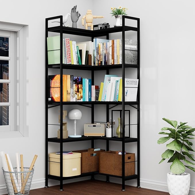 Corner Bookshelf, 69" Tall L-Shaped Bookcase for Home Office, Living Room, Bedroom - Space-Saving Storage Shelf with Metal Frame, Modern Wood & Industrial Design