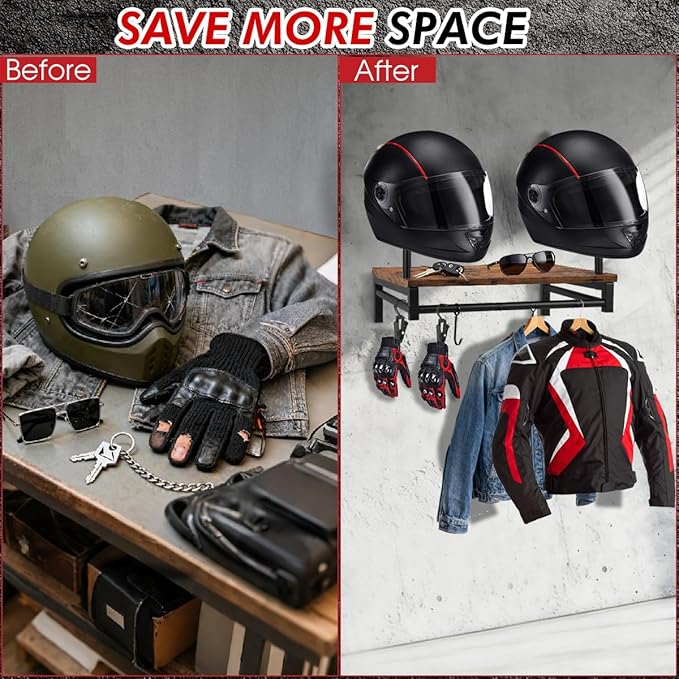 Motorcycle Helmet Holder Wall Mount, Gear Storage Rack with 4 Glove Clips, Wood and Metal Helmet Stand