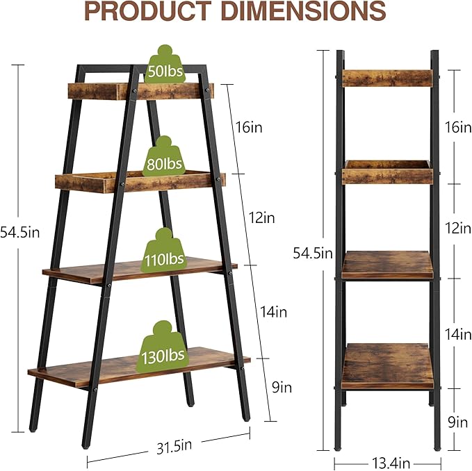 VECELO Ladder Shelf, 4-Tier Bookshelf with Enclosed Edges Design, Wooden Storage Rack Freestanding Bookcase for Living Room Home Office, Brown