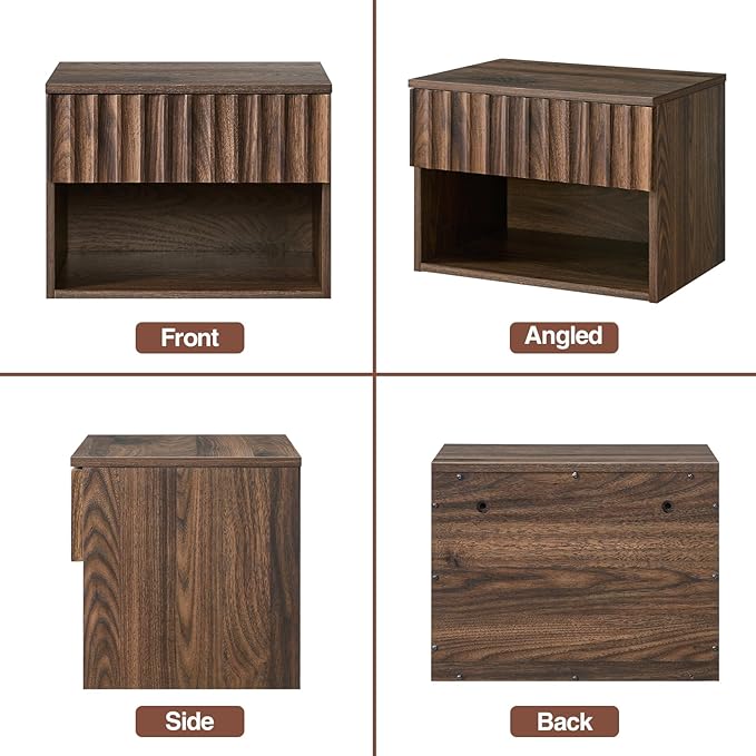 Floating Nightstand with Fluted Drawer - Modern Wall Mounted Bedside Table with Open Storage Shelf, Small Night Stand for Bedroom(Walnut)