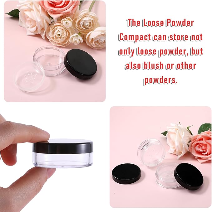 2 PCS 10ml/0.34oz Plastic Empty Travel Small Loose Powder Compact with Rotatable Sifter and Leakproof Screw Lid, Refillable Loose Powder Containers Reusable No Leak Compact, Black