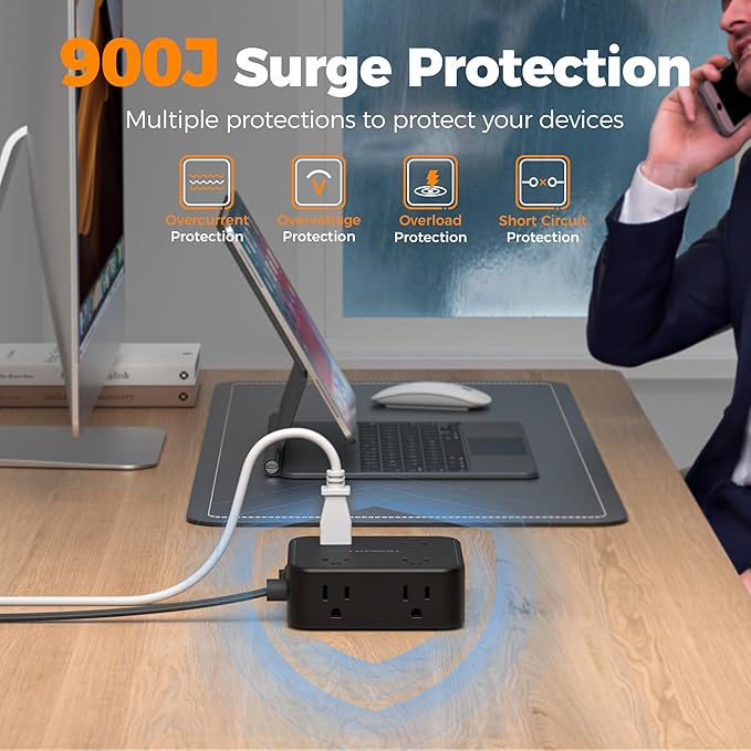 TESSAN 10 Ft Flat Plug Extension Cord with Multiple Outlets, Surge Protector Power Strip with 3 USB(1 USB C) 8 Outlets, 900J Protection, Desk Charging Station for Home, Office, Dorm Room, Black
