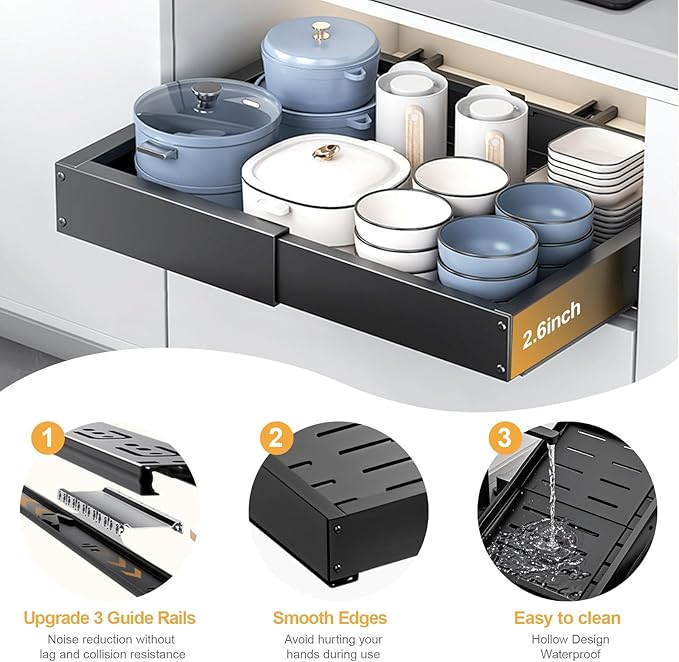 1 Pack Pull Out Cabinet Drawer, Width (11.4"-18.9") & Depth (16.3"-21.6") Expandable Slide Out Cabinet Organizer with Nano Film, No Drill Storage Shelves for Kitchen, Pantry, Bathroom (Black)