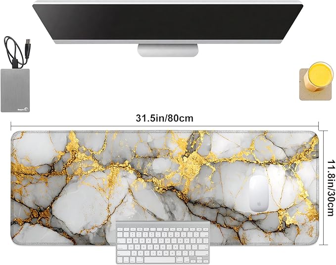 White Marble Mouse Pad – Large Extended Desk Mat 31.5 x 11.8 in– Elegant Gold Vein Design, Non-Slip Rubber Base, Waterproof Surface, Keyboard & Mouse Pad for Office, Gaming, Home Decor