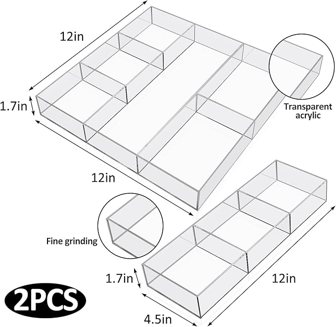 Chunful Clear Drawer Organizer 2 Pieces 6 Section Clear Desk Organizer with Dividers 3 Section Acrylic Makeup Tray Divided Drawer Inserts Sectioned Tray Makeup Storage