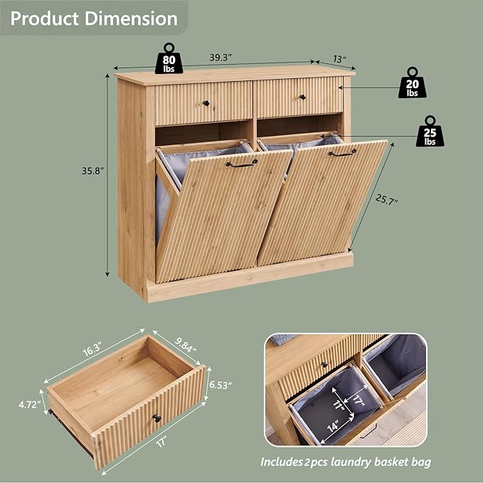 Modern Double Tilt-Out Laundry Hamper Cabinet, 20 Gallon Fluted Trash Can Cabinet with 2 Drawers, Wooden Hidden Garbage Can Cabinets with Laundry Basket, for Bathroom and Kitchen, Natural Oak