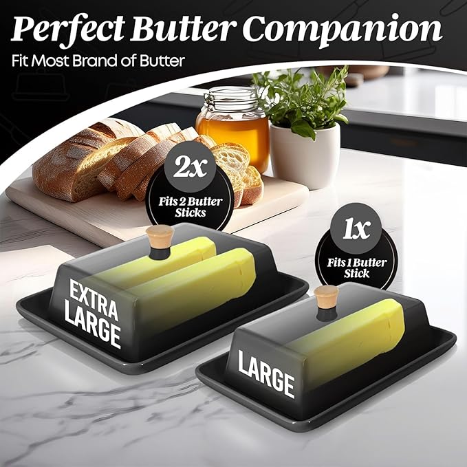 Flexzion Ceramic Black European Butter Dish with Lid for Countertop (8 Inch) - Wide 2 Stick Double Butter Holder for Counter, Cream Cheese Container Storage Keeper