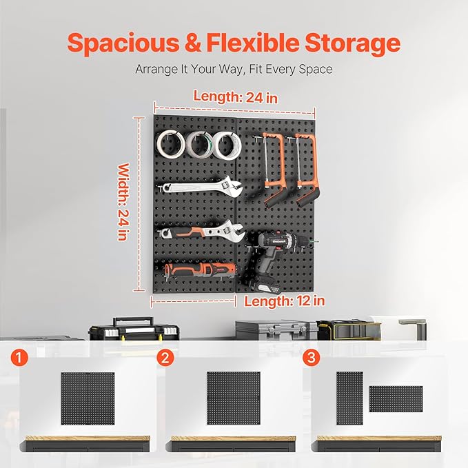 VEVOR Metal Pegboard Panels, 24" x 12" Pegboard, 2 Panels, Heavy Duty Peg Board Wall Organizer with Accessories, for Living Room Garage Tool Storage Office Organization Craft Room Kitchen Home, Black